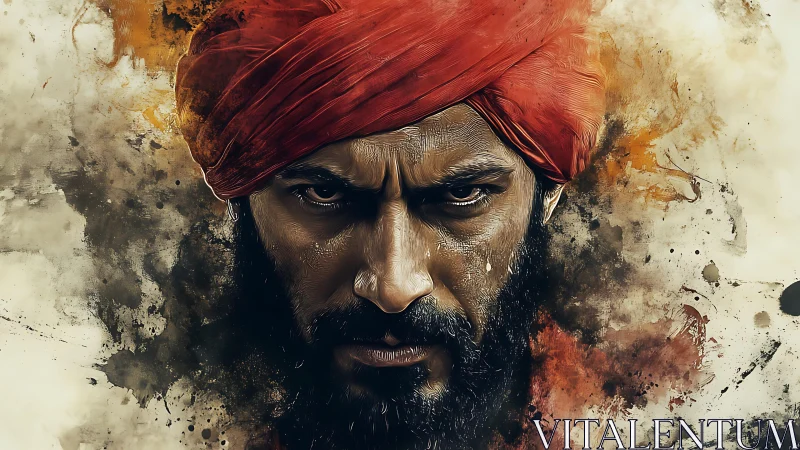 Storm-eyed warrior in crimson turban framed by swirling fire.