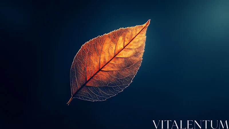 Dried orange leaf on dark blue background, centered view.