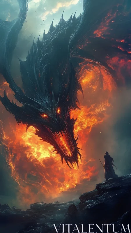 Fire dragon looms over lone cloaked warrior on rocky ridge