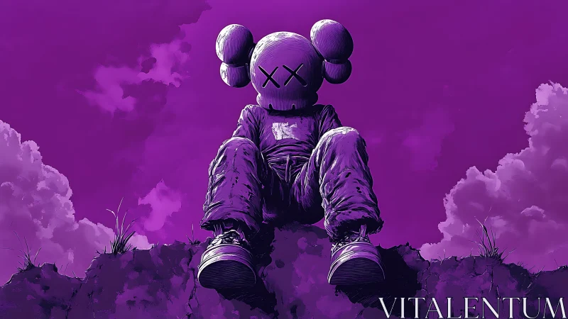 Solitary toy figure rests beneath a vast violet sky