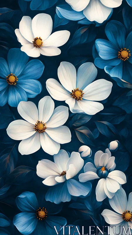 Digital illustration depicting cosmos flowers with contrasting blue and white petals.
