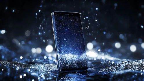 Waterproof smartphone stands in glittering midnight rain