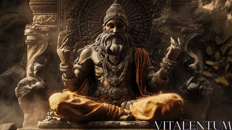 Divine sage statue in ornate carved stone sanctuary.