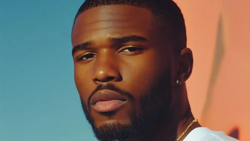 Sunlit gaze on blue sky backdrop in warm portrait stillness.