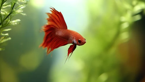 Scarlet betta fish gliding through soft bokeh aquarium light.