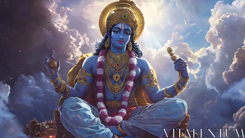 Serene blue deity resting in golden light above soft clouds.