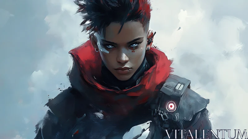 Cybernetic scout portrait with red hood and tactical armor