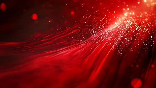 Abstract red light streaks with glowing particles digital art.