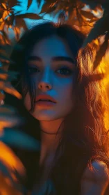 Portrait shows a woman framed by foliage under split lighting