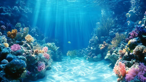 Sunlit coral reef valley shows vivid underwater seascape