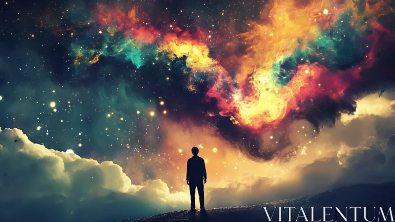 Stargazer Beneath a Swirling, Story-Filled Cosmic Sky.