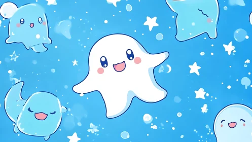 Cute ghost pattern with floating chibi sea creatures.