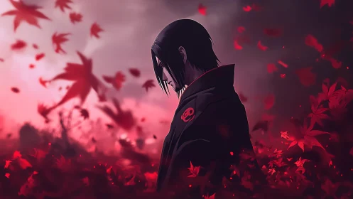 Solitary shinobi in crimson leaf vortex at dusk horizon.