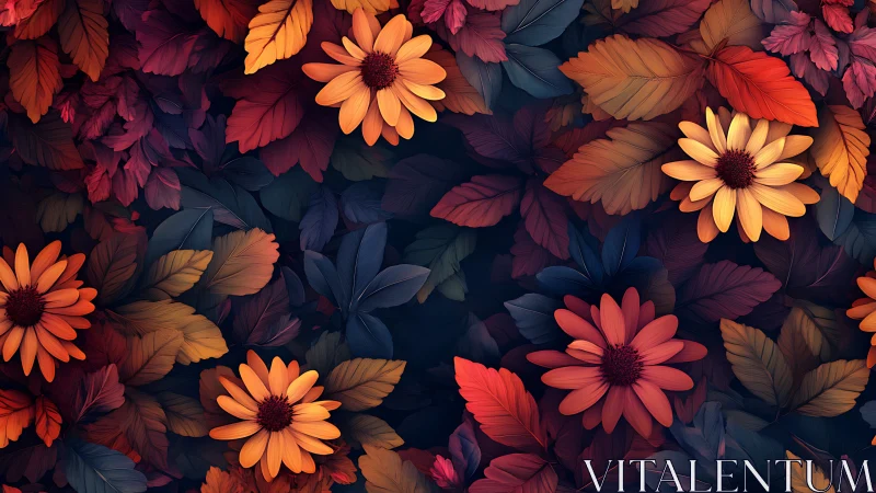 Orange daisies over layered autumn leaves pattern.