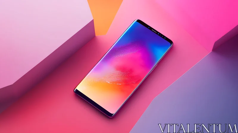 Sleek smartphone on colorful geometric background in modern style.
