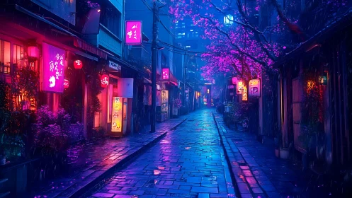 Neon rain polishes a cherry blossom alley into electric hush