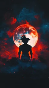Silhouetted warrior figure stands before a red lunar disc