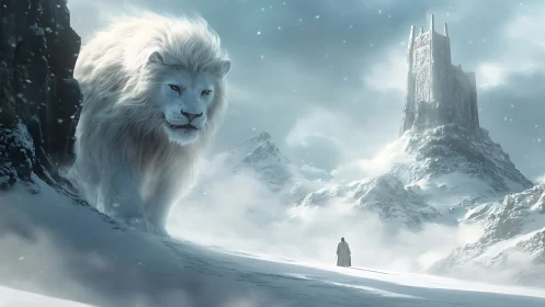 Colossal winter lion guarding a lone wanderer&rsquo;s icy ascent.