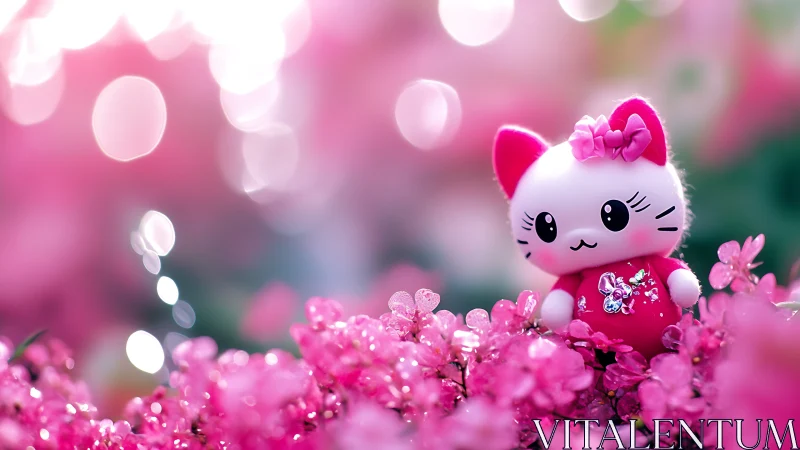 Pink Bokeh Garden: Kawaii Cat Figurine Amidst Blooming Floral Composition.