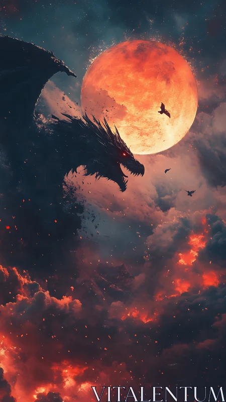 Dragon silhouette before red moon in fiery clouded sky.