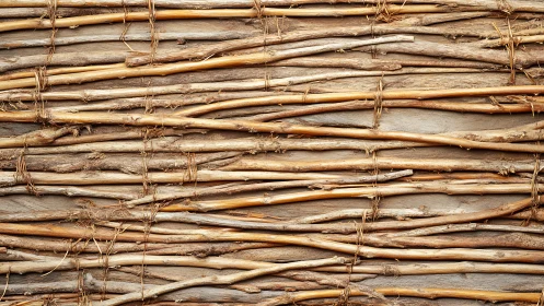 Interwoven rustic twigs forming natural textured wall pattern.