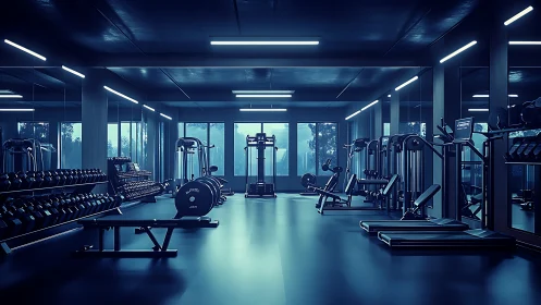 Midnight-lit modern gym interior with sleek equipment focus.