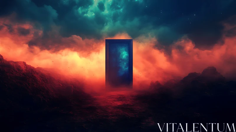 Central portal structure bisects turbulent nebula-lit volcanic terrain