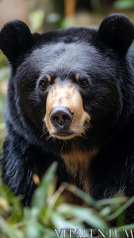 Close frontal portrait of black bear in natural foliage.