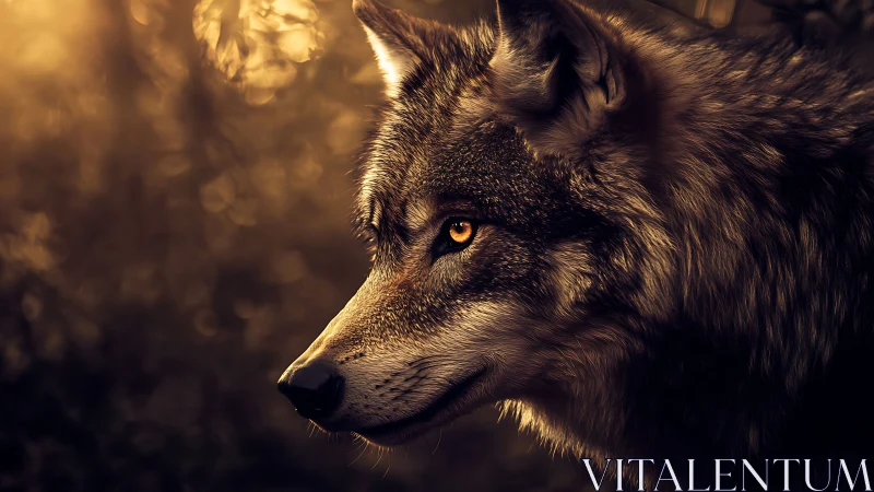 Golden-eyed wolf gazes through dusk-lit forest silence