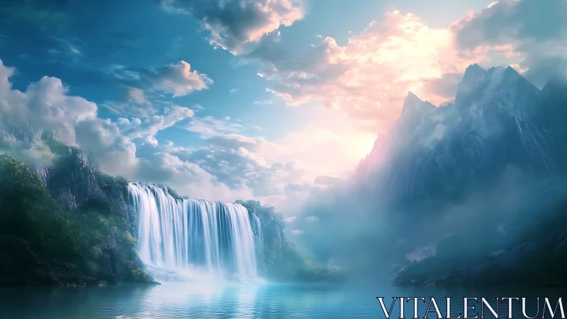 Digital landscape with waterfall, mist and distant mountains.