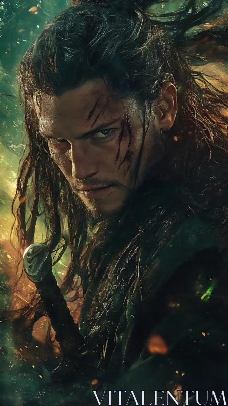 Battle-scarred warrior locks gaze through emberlit storm.