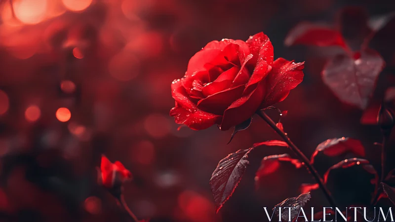 Red rose specimen photographed with bokeh background.