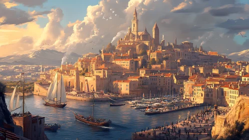 Harbor cityscape with hilltop cathedral under dense clouds.