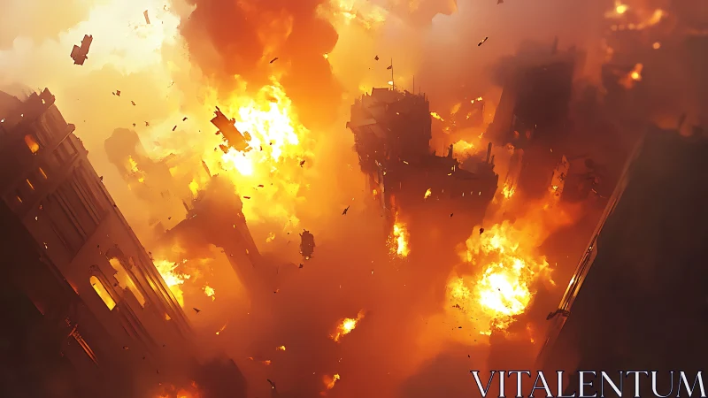 Urban environment with extensive fire and structural destruction.