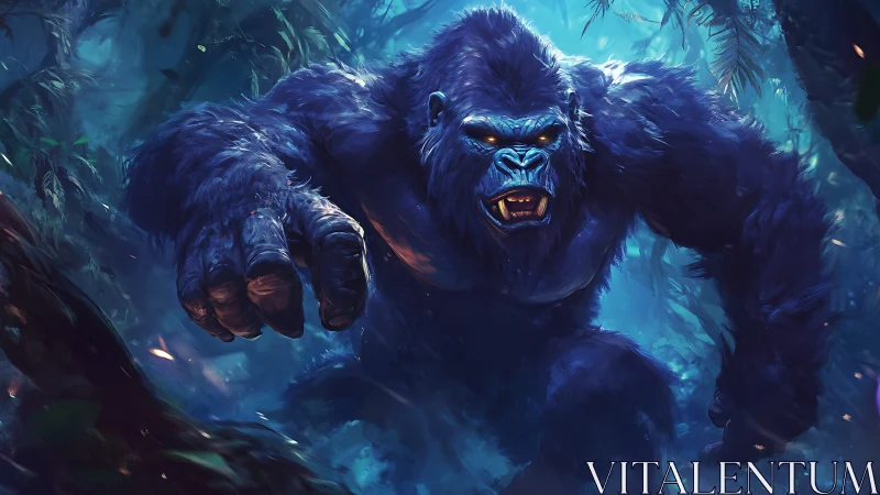 Giant blue gorilla lunging forward in a glowing jungle.
