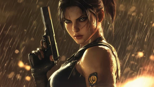 Female figure holds handgun in rain under directional backlight