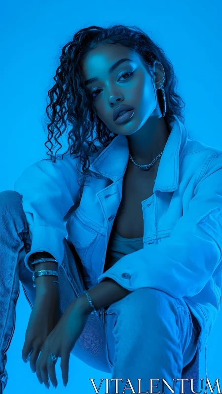 Woman poses in cool blue lighting wearing denim jacket