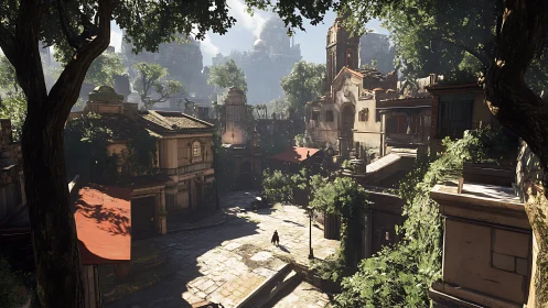 Sunlit overgrown courtyard inside forgotten stone city.