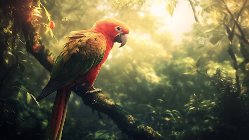 Vibrant Scarlet Macaw in Lush Jungle, Dreamy Light Photography.
