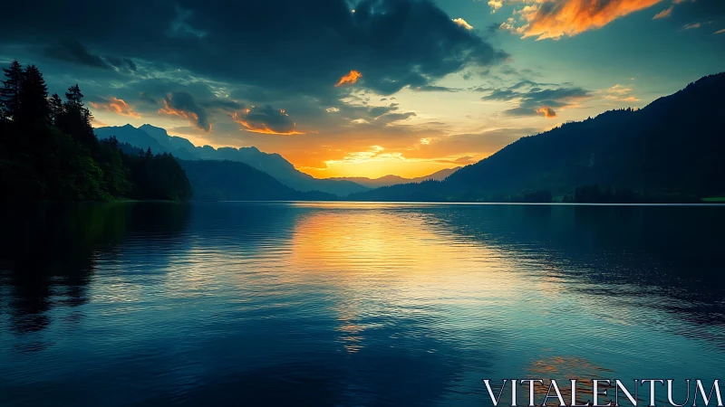 Sunset hush over a glassy mountain lake of soft color.