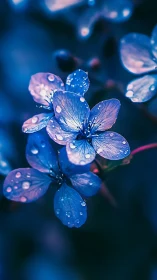 Blue-toned flowers with water droplets captured in macro photography.