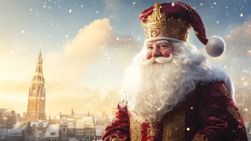 Regal Santa figure before snowy European town skyline.