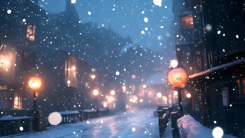 Snowlit Lantern Street in blue winter hush and golden glow.