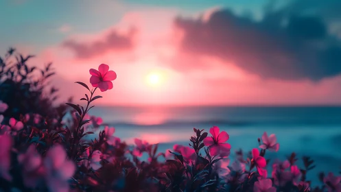 Magenta Coastal Flora at Golden Hour Sunset. Silhouetted Blooms.