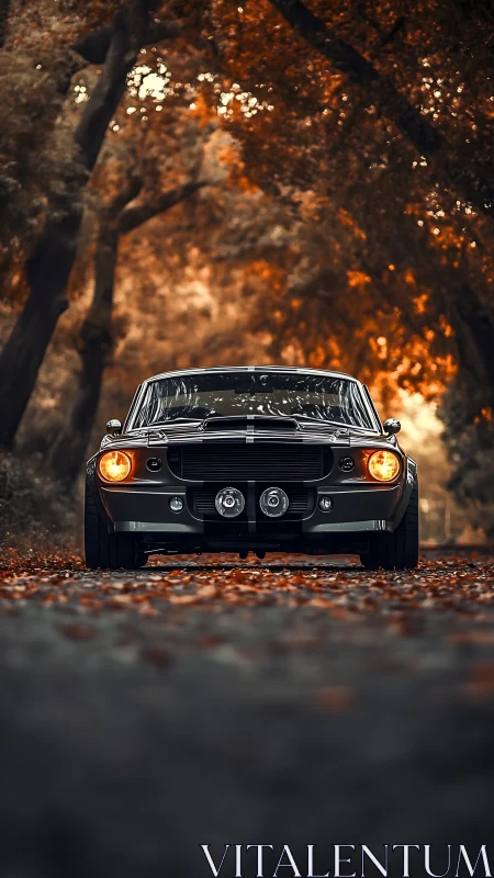 Classic muscle car framed by autumnal forest perspective.