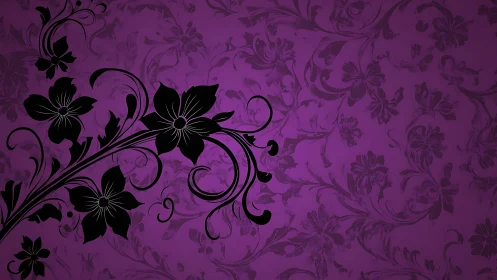 Black Floral Silhouettes Against Purple Damask Pattern.