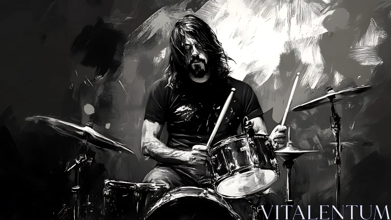 Monochrome digital painting of long haired drummer at kit.