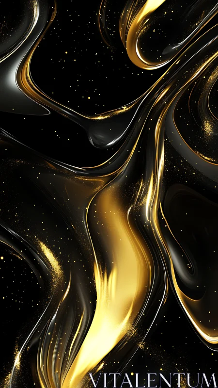 Liquid gold ribbons curve across a deep black cosmic field