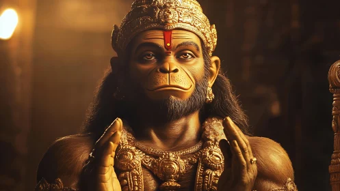 Golden monkey deity in serene temple glow of devotion.
