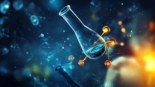 Laboratory glassware with molecular lattice in luminous suspension.